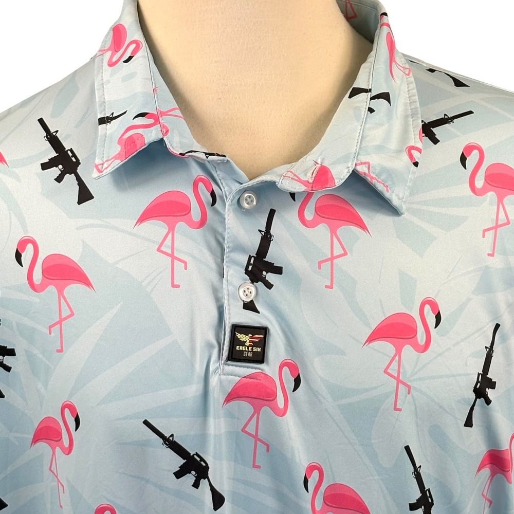Eagle Six Gear Mens 3XL Flamingo Rifle Polo Shirt Light‎ Blue Tactical Golf Tee